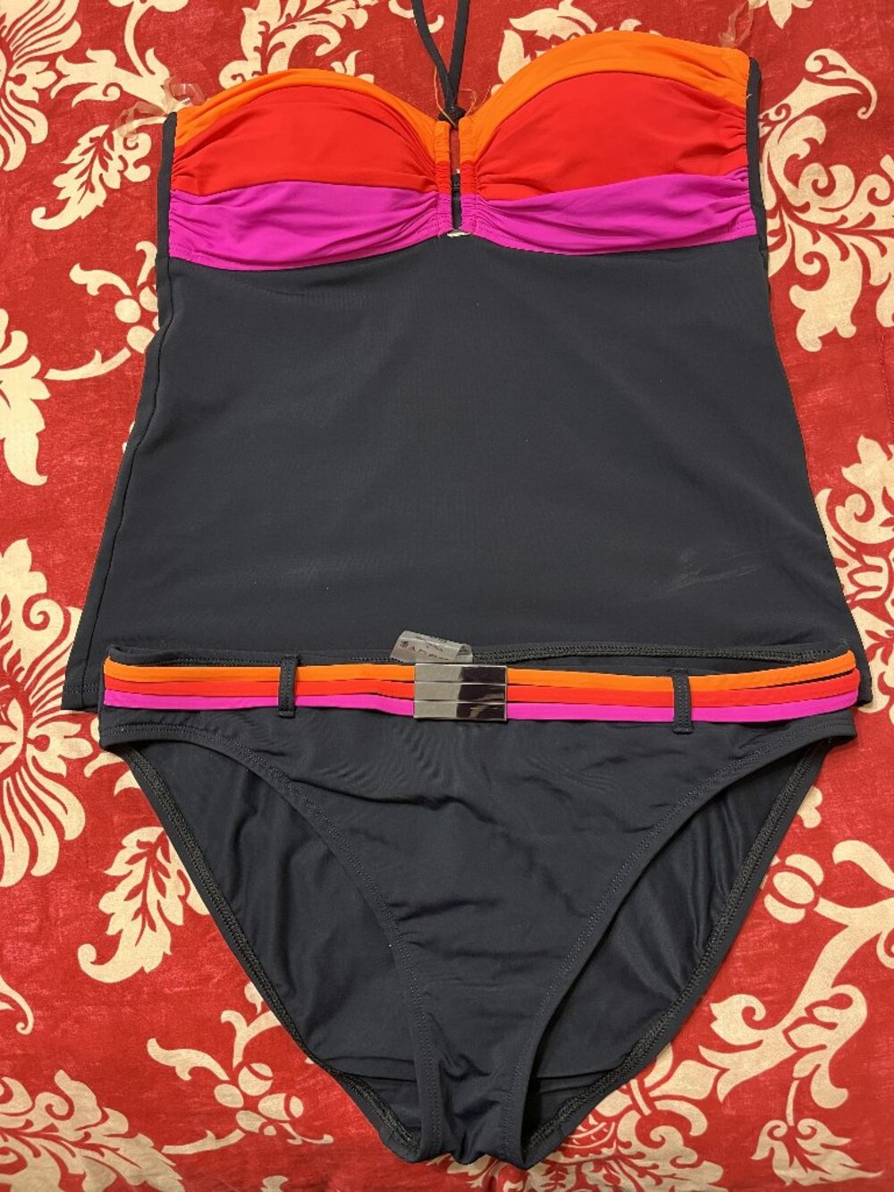 Colorblock Strapless Tankini Two-Piece Swimsuit Set - Black, Pink & Orange